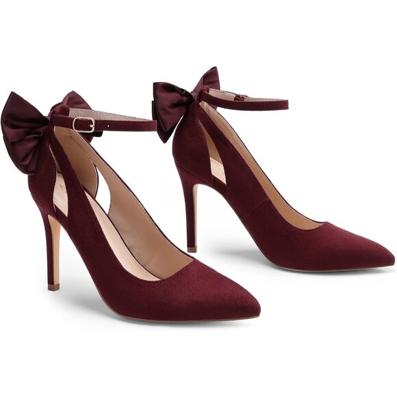 Dream Pair Women's Burgundy-suede Faux Suede Strappy Pointed Toe Bow Shoes Pumps - Picture 4 of 7